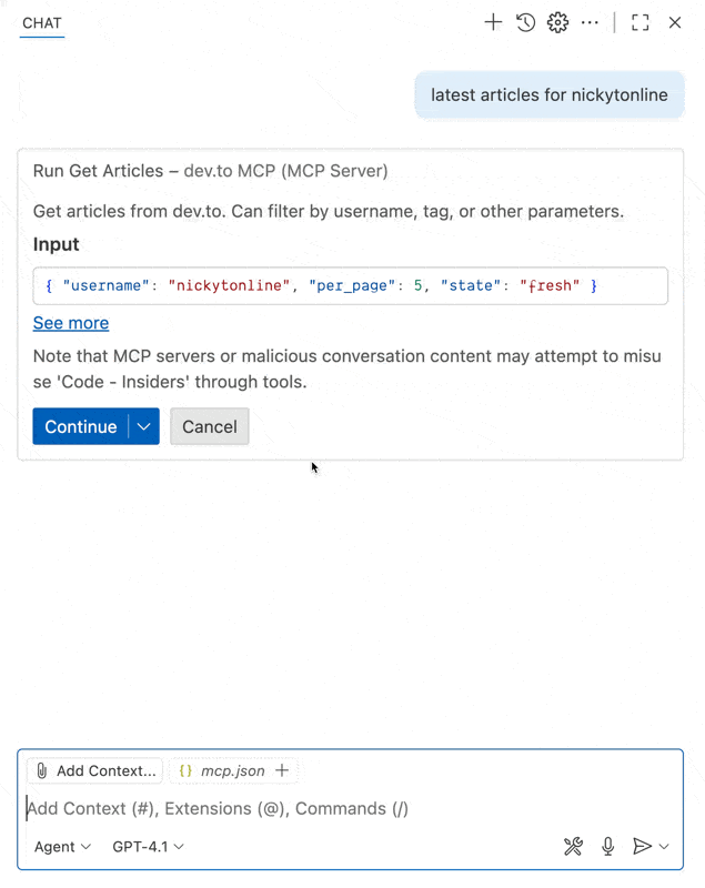 dev.to MCP server running in VS Code