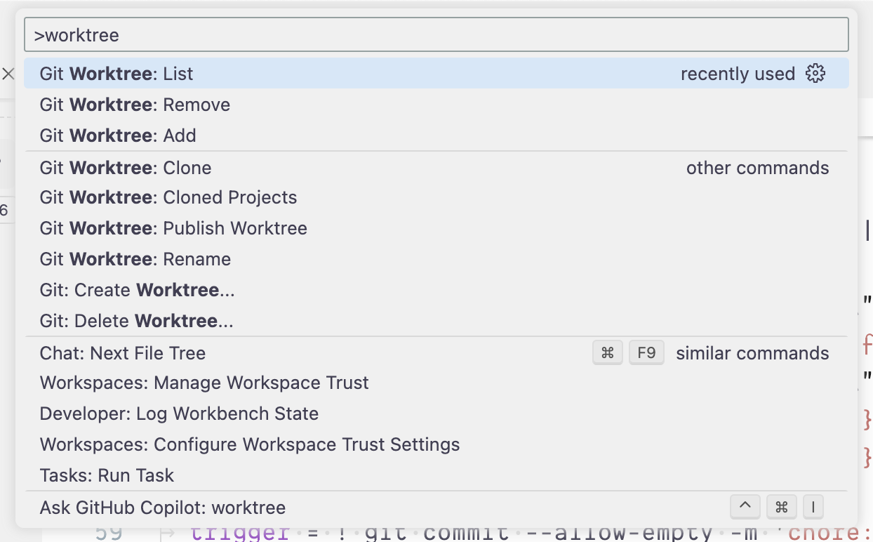 Command Palette open in VS Code showing available Git Worktree commands